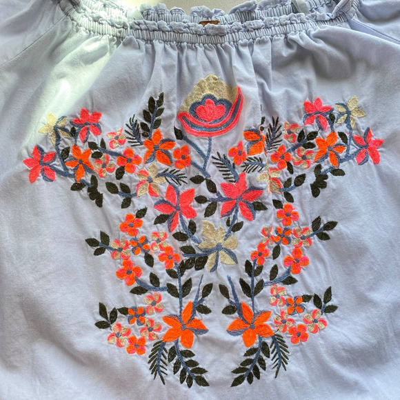 Free People Fleur Du Jour Light Blue Embroidered Mini Dress Long Bubble Sleeve - Picture 5 of 13